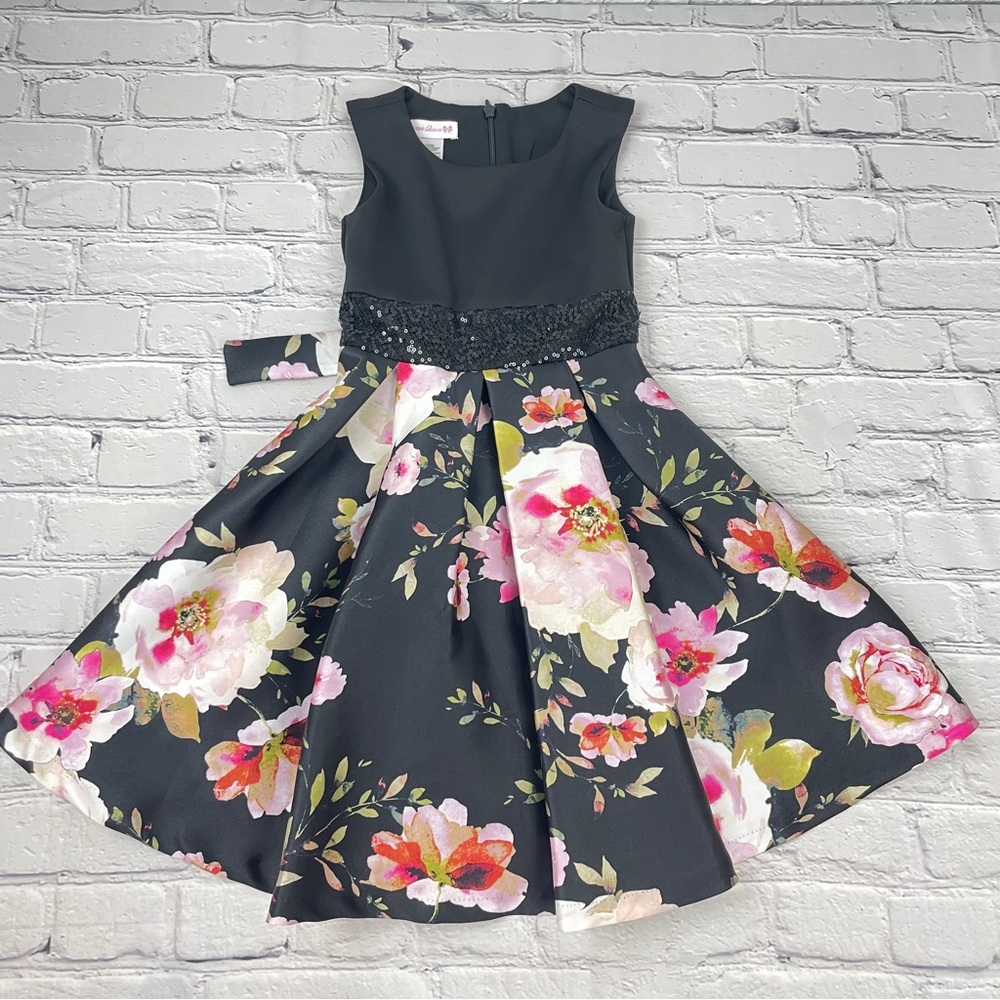 Bonnie Jean Pleated Black Floral Sleeveless Dress Size 6